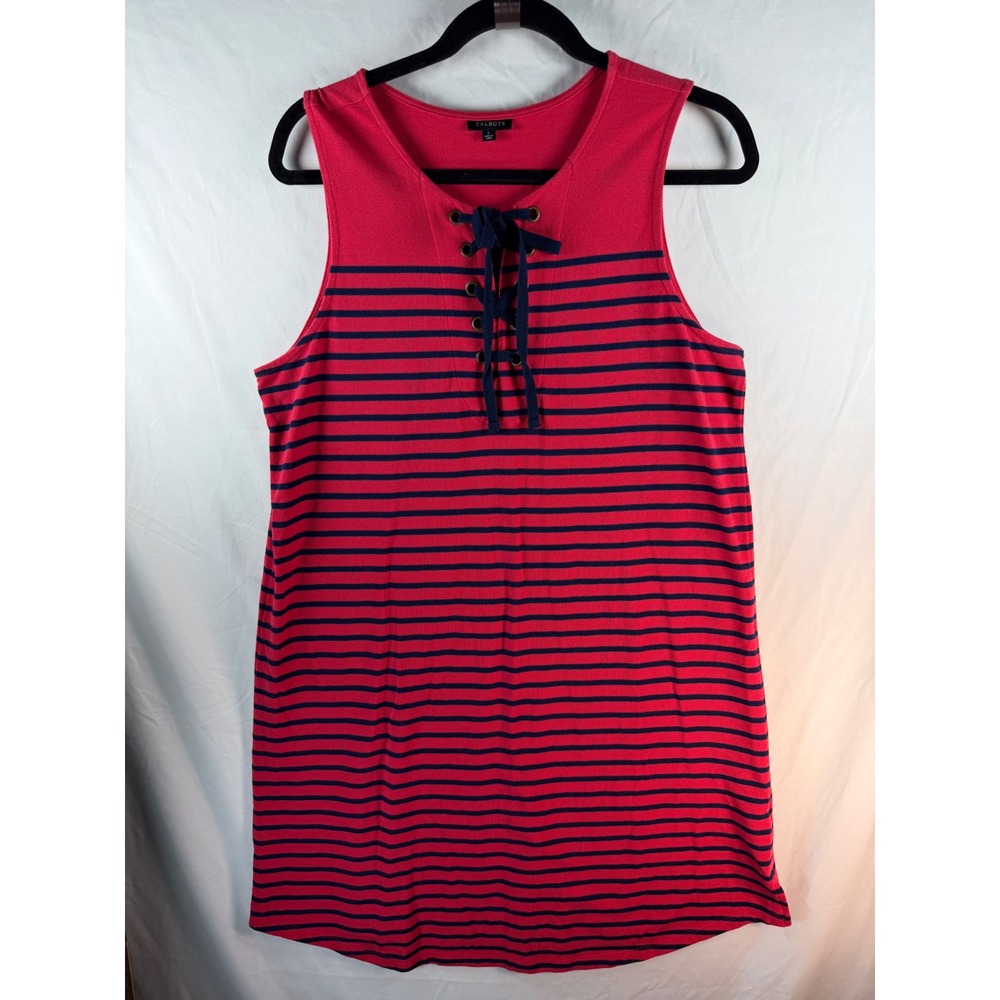Talbots Red Navy Blue Striped Lace Up Sleeveless Cotton Knit Dress Womens L